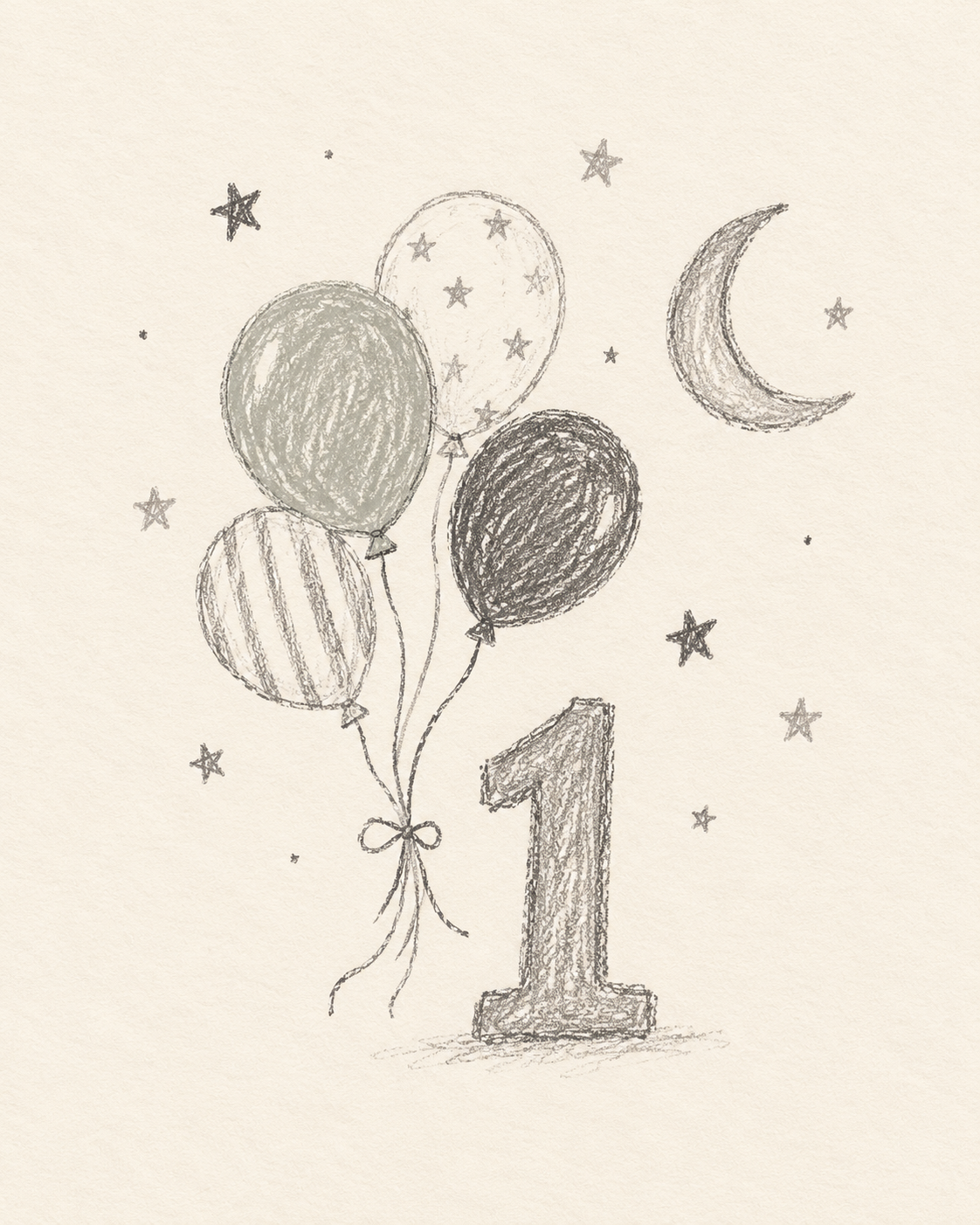 Playful crayon drawing of balloons, stars, a moon and the number one